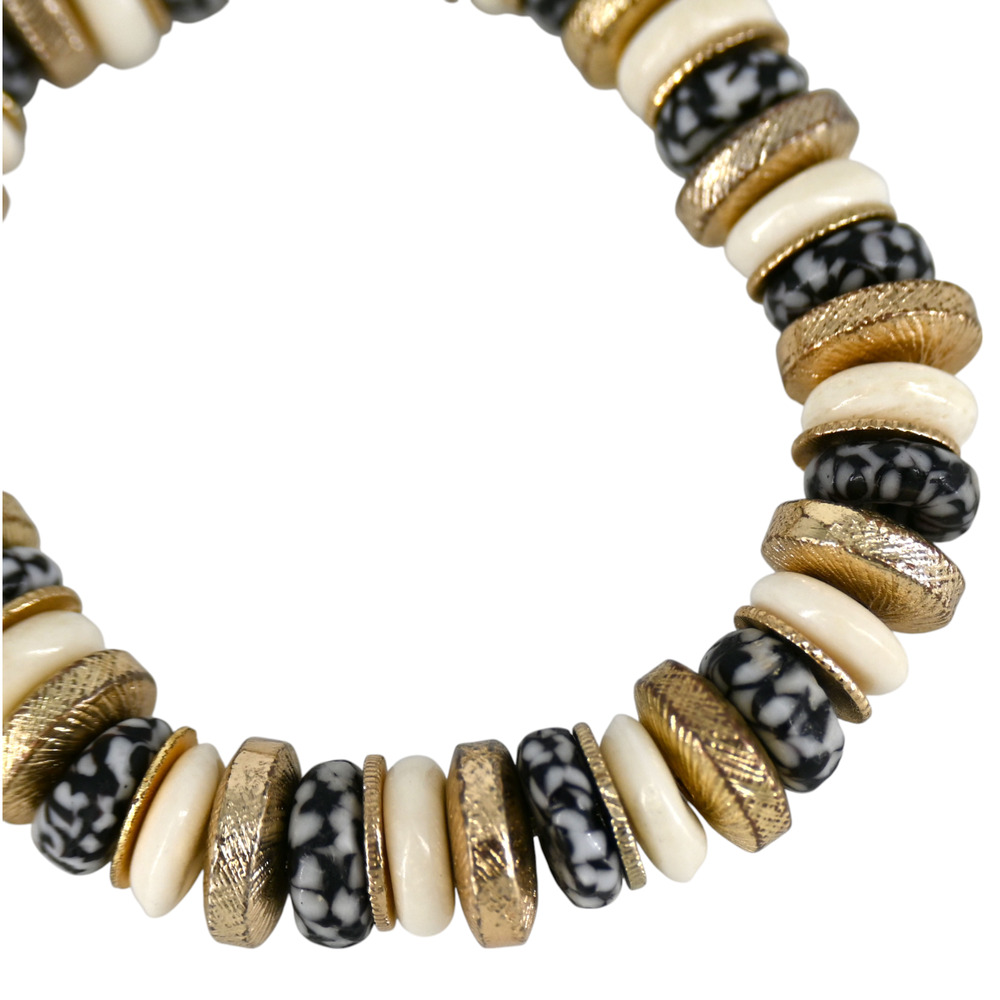 Akola Black White Ivory Glass Beaded Gold Coin Stretch Bracelet - Picture 4 of 5